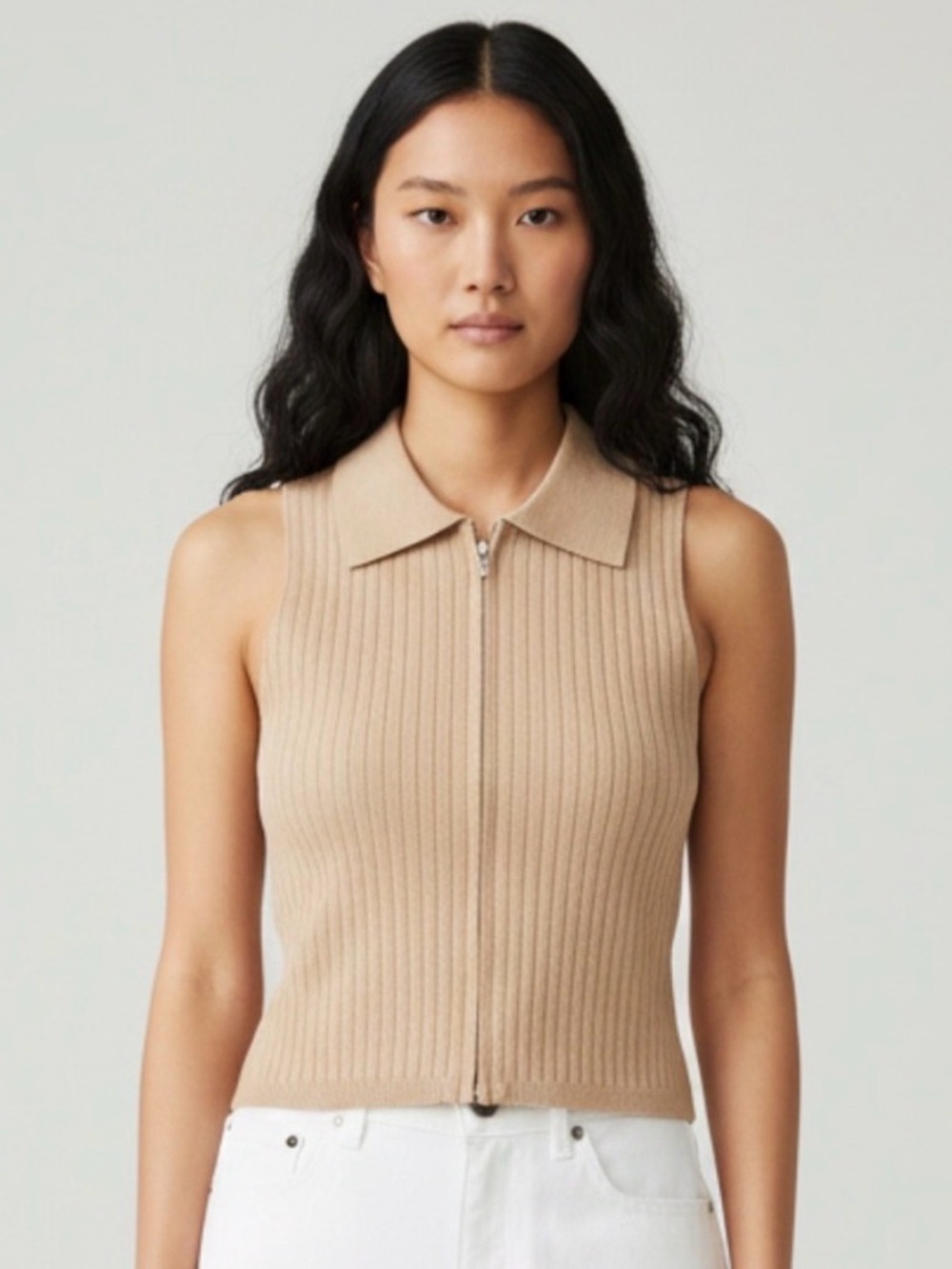 Song of Style creamy tan cropped sleeveless ribbed polo, neutral fall sweater